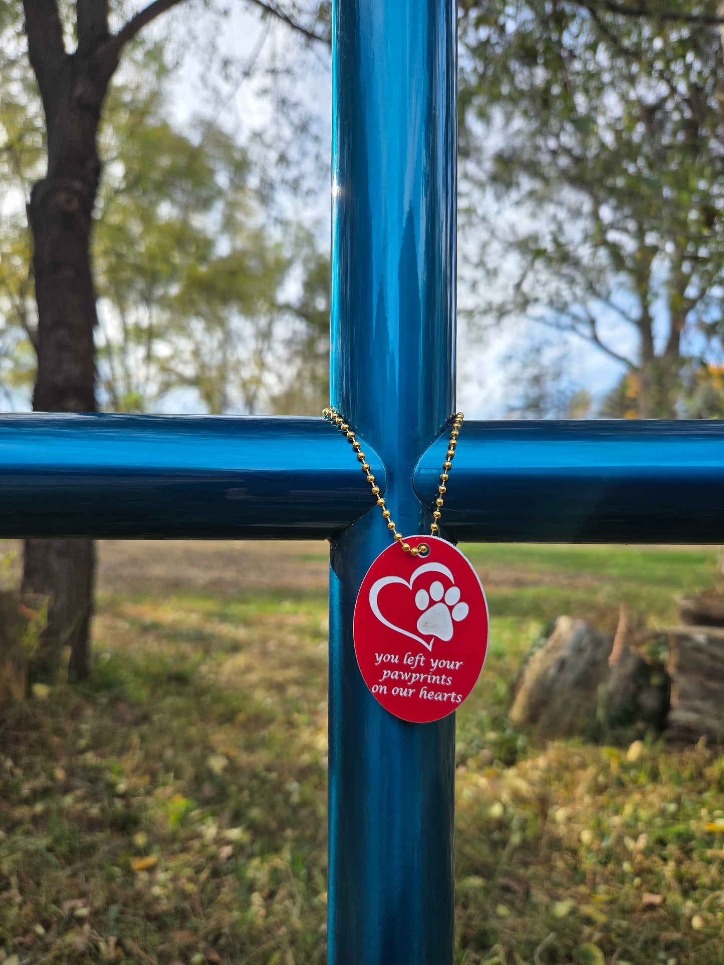 Blue Topaz showing EC Charm with gold chain, red finish, heart with paw.  Engraving personalized in Lucida Calligraphy font. To symbolize a special memory.