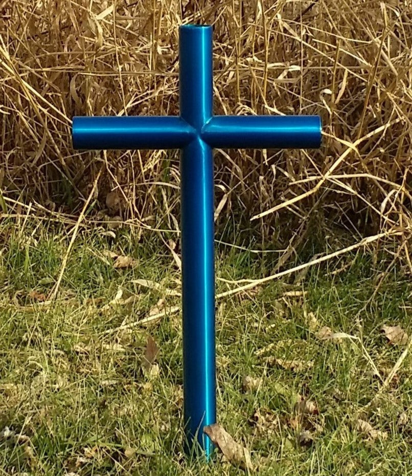 Everlasting Cross is finished in our vibrant Blue, reflecting the beauty of the sky and the warmth on a sunny day.  The sorrow we feel with the loss of our loved one and the happiest of memories we hold so dear. Their memory is alive as we recall every passing moment, we have spent with them, in their Everlasting Cross memorial.  Colon Cancer Ovarian Cancer Ribbons