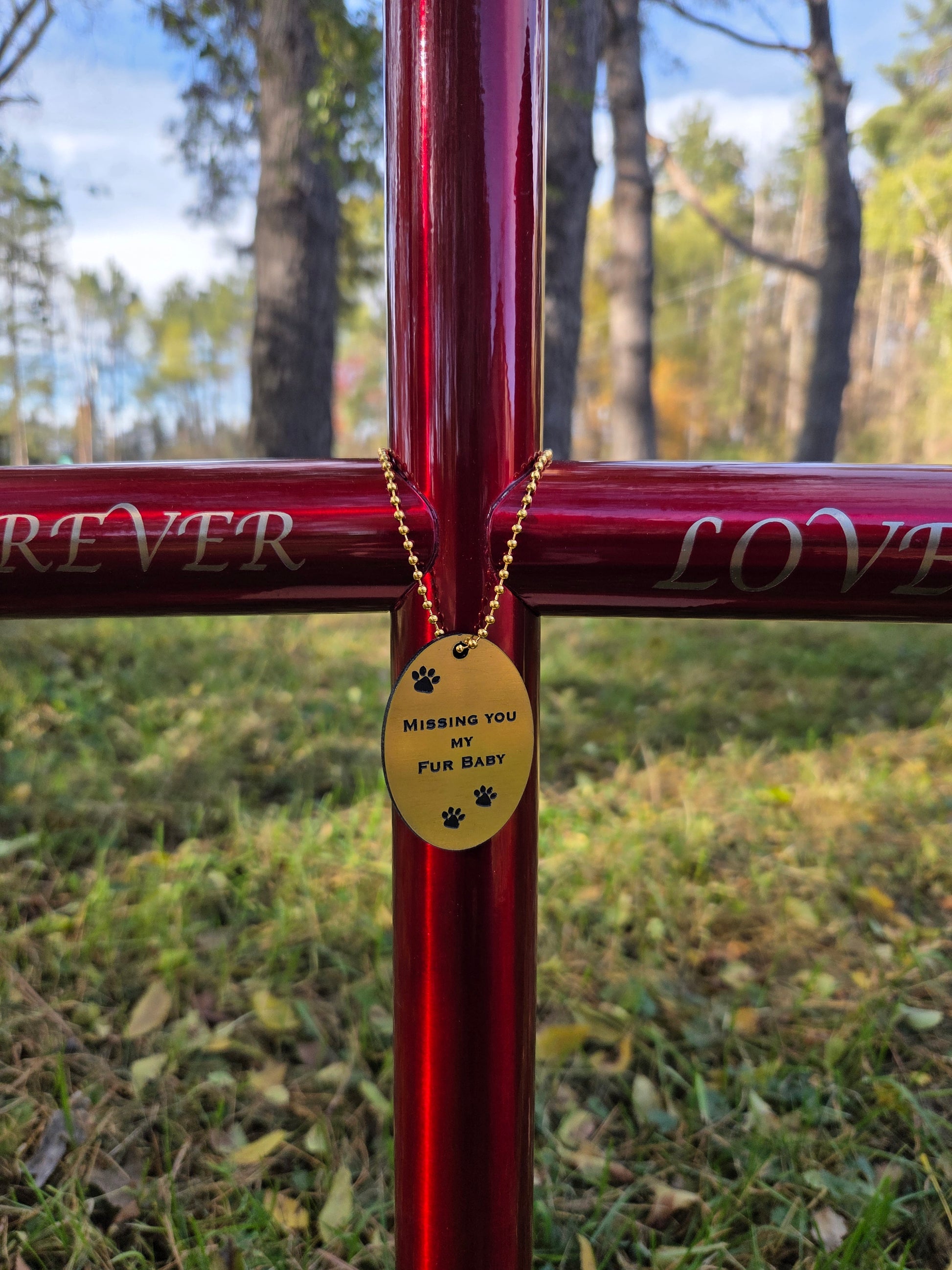 Everlasting Cross Red Ruby finish with EC Angle Charm in Gold finish and three paws to memorialize their memory. 