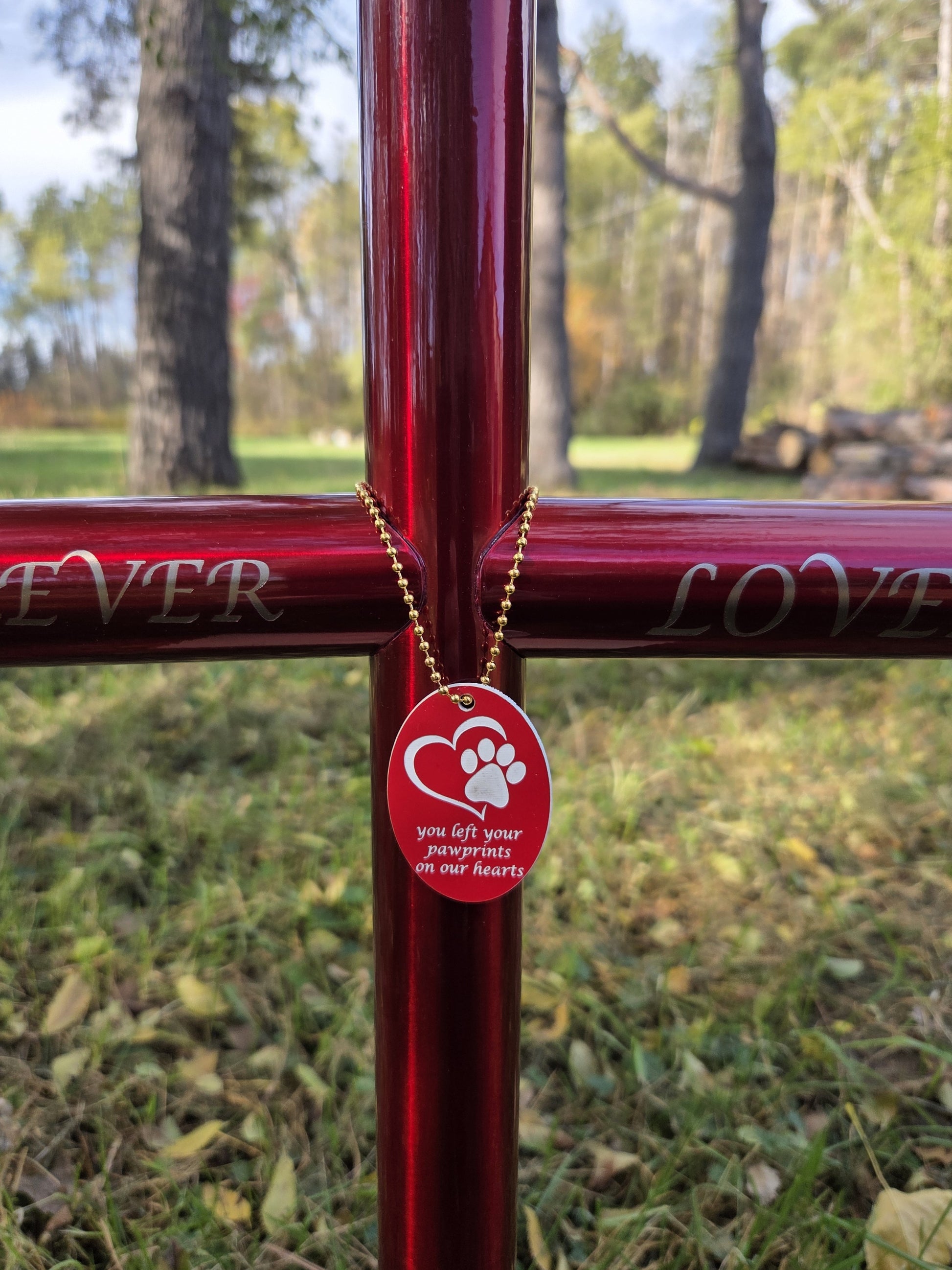 Red EC Angle Charm proudly displayed for all to see how much this fur baby was loved.  One of a kind engraved in with Lucida Calligraphy font and hung with gold chain.