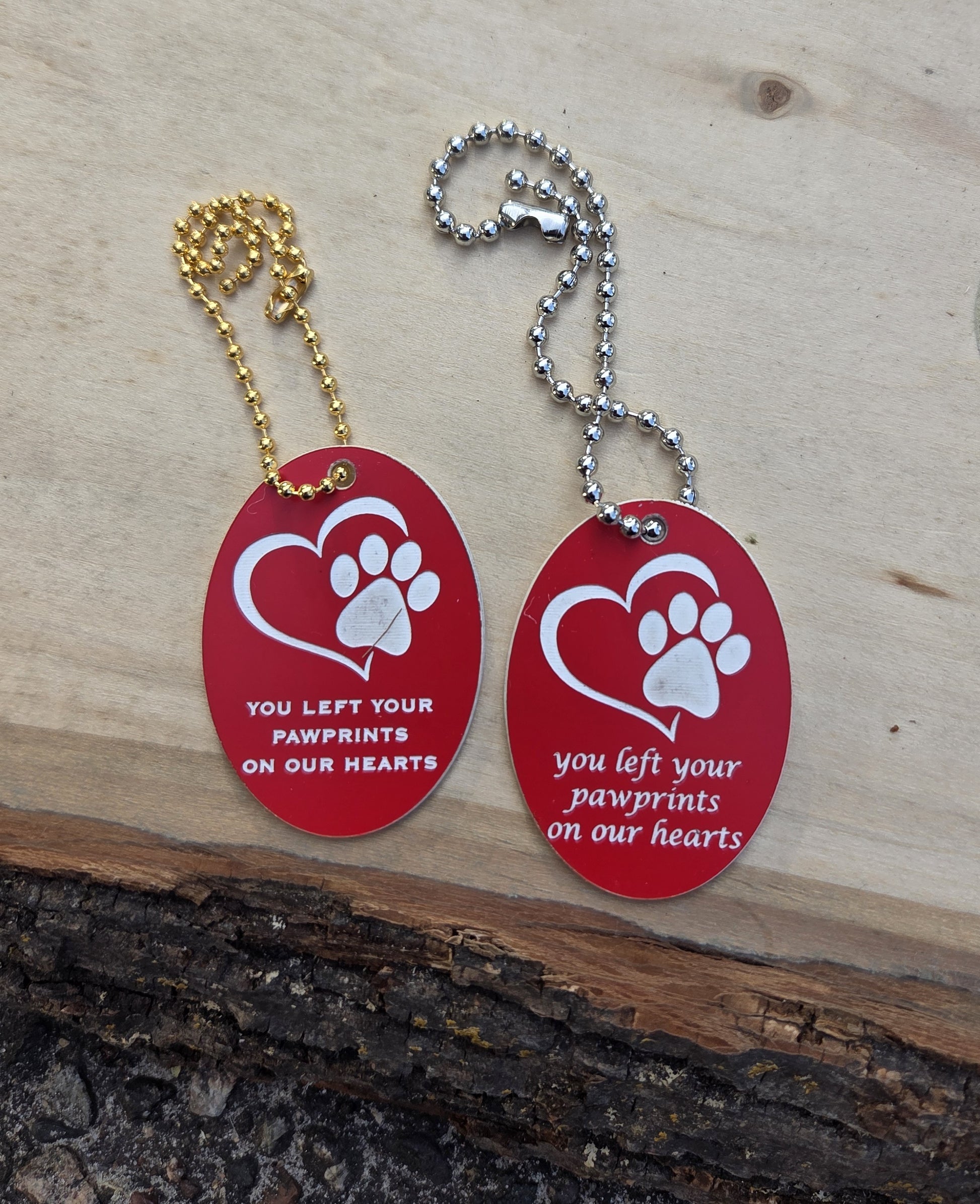 Red EC Angle Charm for Fub Baby with Heart and Paw, engraving shown in Copperplate Font on Left and Lucida Calligraphy on Right.  Showing Gold and Silver chains. 