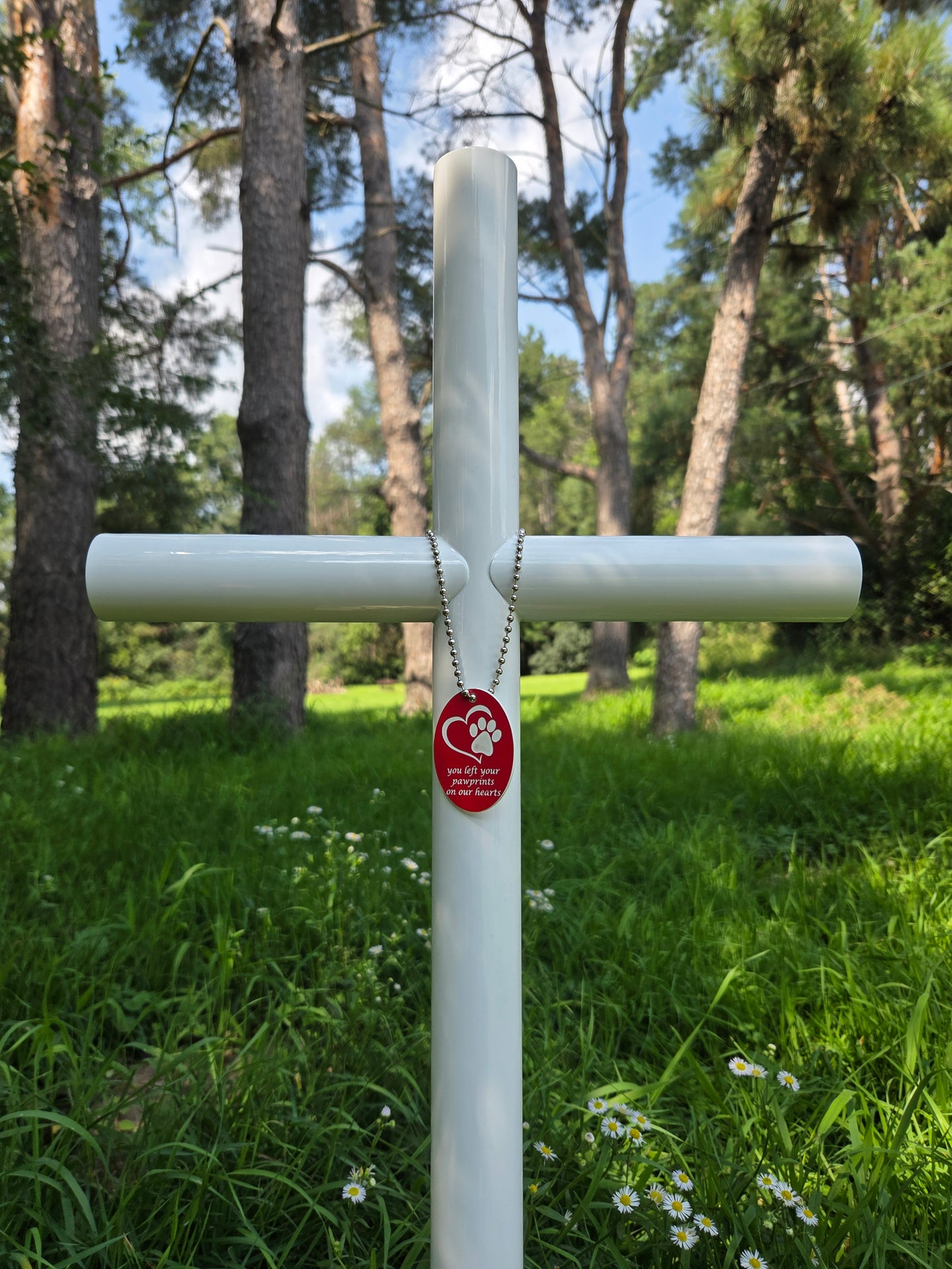 White Everlasting Cross display EC Angle charm in Red finish, heart with enclosed paw print, personalized engraving.