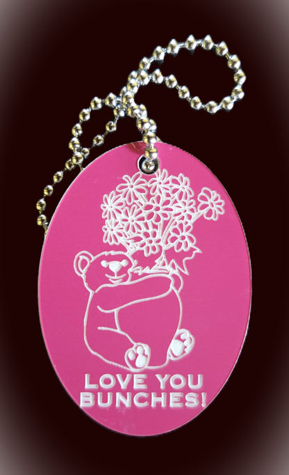 EC Angle Pink Charm with Teddy Bear and Flowers text "Love You Bunches" 7 inch silver chain.