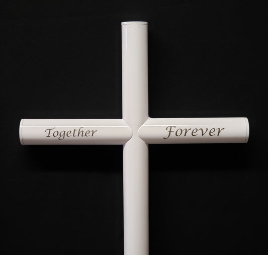 Everlasting Cross Memorial In White Finish, Customize Engraved Together Forever On Small 13 inches by 32 inches, with White stainless steel end caps. Can Be An Cremation Urn for Your Loved One Loss, Pet Loss, Human Memorial
