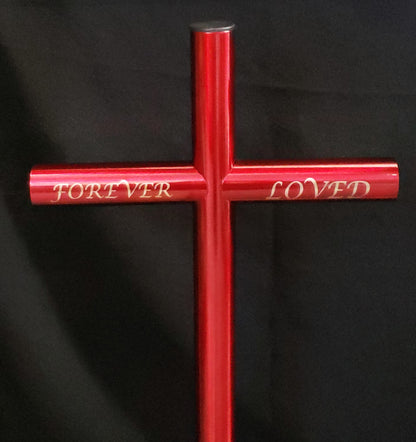 Red Everlasting Cross Memorial Engraved Forever Loved. Outside Memorial for Cat, Dog, Mother, Father, Sister, Brother Or Any Loved One Passed. Cremation Urn Can Be Fore Ashes, Keepsake Capsule For Burial. Place In Garden, By A Tree, Gravesite