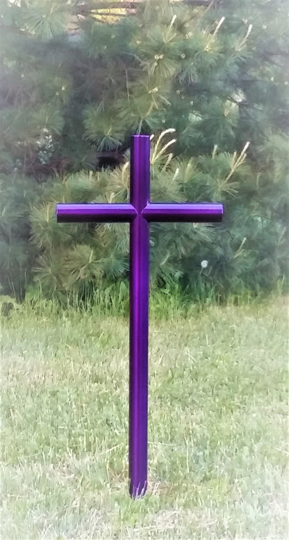 Everlasting Cross Purple Memorial is size small 13 inches wide by 32 inches tall. Cremation ashes can be encapsulated within the Everlasting Cross as an Urn. Customize by Engraving this Memorial has versatile  outdoor placement, Roadside, Pet Cemetery. For Our Loved One Loss. Death Can Be Heartbreaking, Remembering celebrates their life.