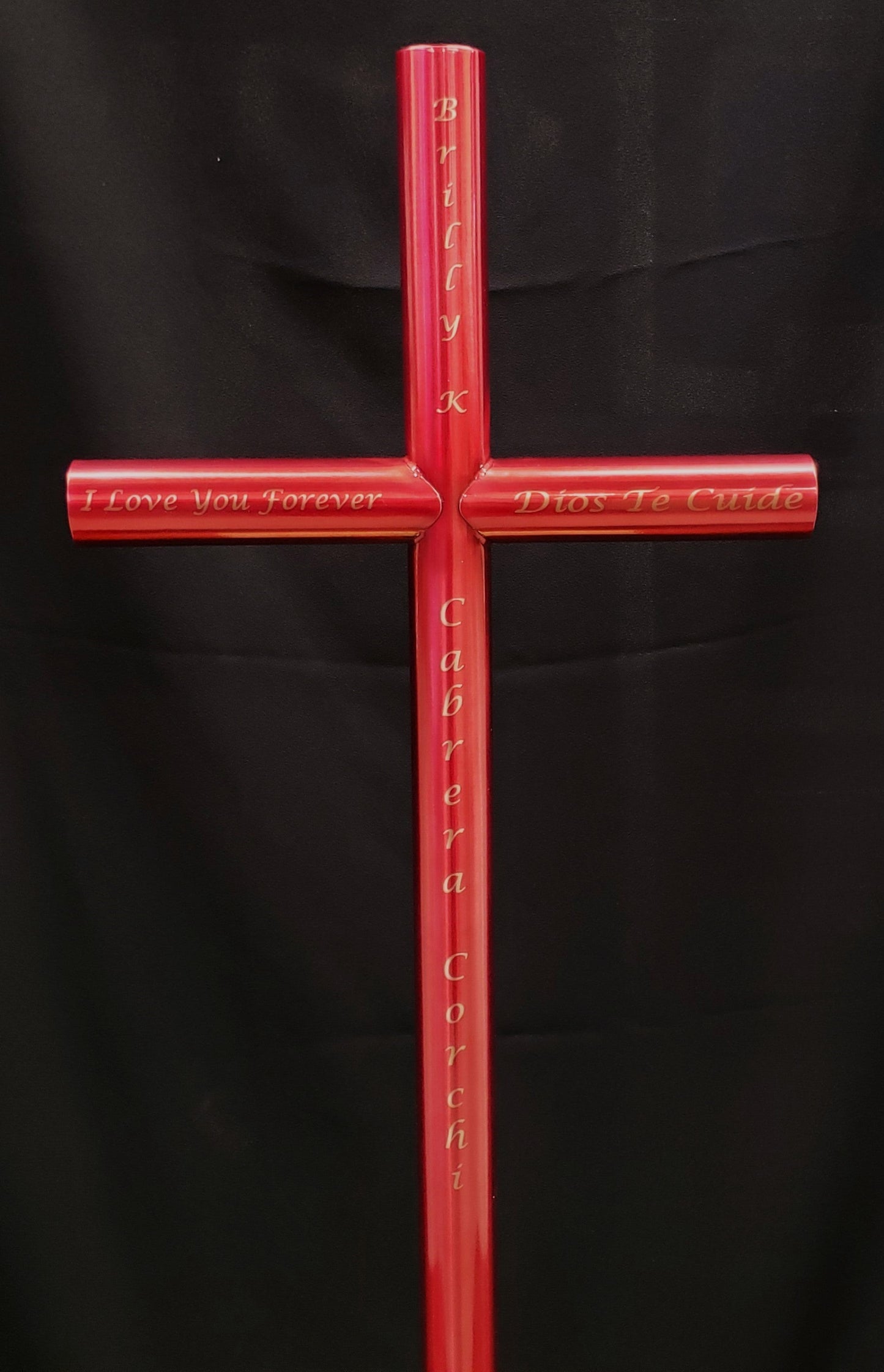 Beautifully engraved in both English and Spanish with Lucida Calligraphy font. Memorializing a Beautiful young lady, in the Berry Pink finish and open end caps.  Her memory will be Forever remembered as her memorial is resting along the  roadside.  