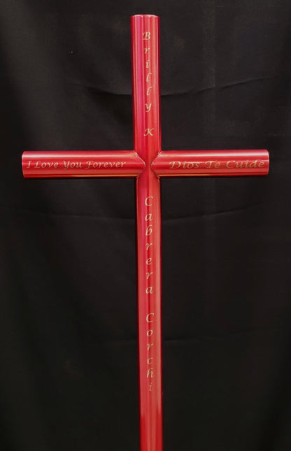 Beautifully engraved in both English and Spanish with Lucida Calligraphy font. Memorializing a Beautiful young lady, in the Berry Pink finish and open end caps.  Her memory will be Forever remembered as her memorial is resting along the  roadside.  