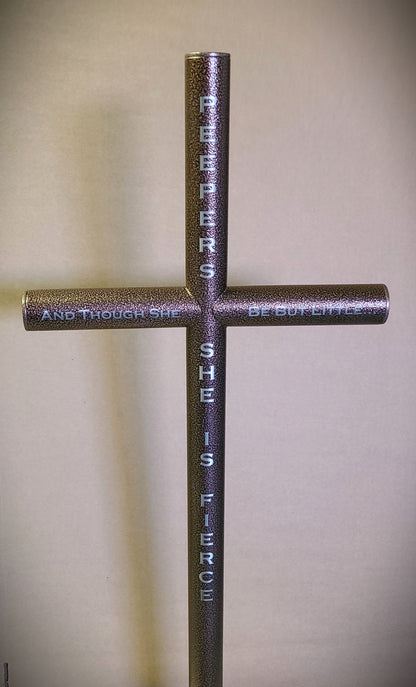 Perfect Memorial Cross is engraved on all four sides in a Copperplate font.  Remembering a loving horse who will never be forgotten as her Everlasting Cross stands tall as a tribute to her life. Size small 13 inches wide and 32 inches tall  with stainless steel end caps finished in a warm and classic Copper Vein finish.