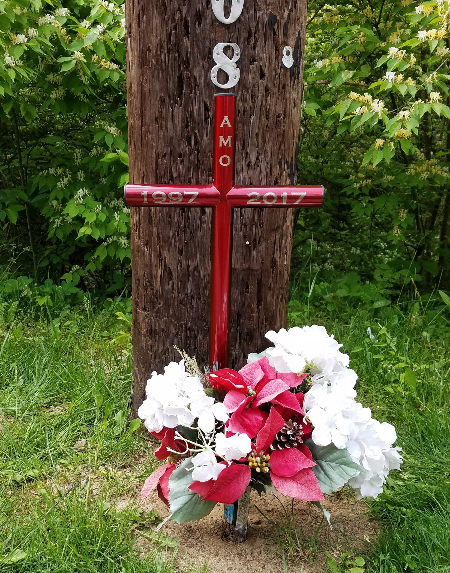 Forever remembered with this Timeless outdoor Memorial  Fire Red finish and black plastic end caps with custom engraving in a Copperplate font tells their story
