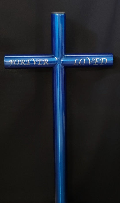 USA built Memorial is finished in a sky Blue to preserve a loved one passed.  Lucida Calligraphy font engraving is Forever Loved, with black plastic end caps and the option to be an Urn of cremation ashes or memorabilia of the special love one passed.  This Everlasting Cross can be placed anywhere outdoors. 